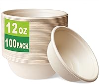 GreenWorks 100 Pack 12oz Compostable Bowls - Unbleached Bagasse Bamboo Fiber, Biodegradable, Sturdy Oil-Resistant for Hot/Cold Food