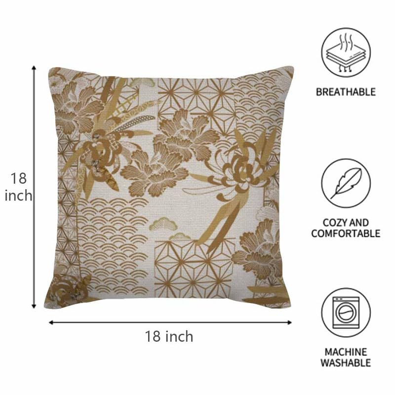 Image of Throw Pillow Covers Japanese Gold Floral and Geometric Tile Geometric Chinese Japanese Pillow Case 18x18 Inch Cushion Cover for Home Party