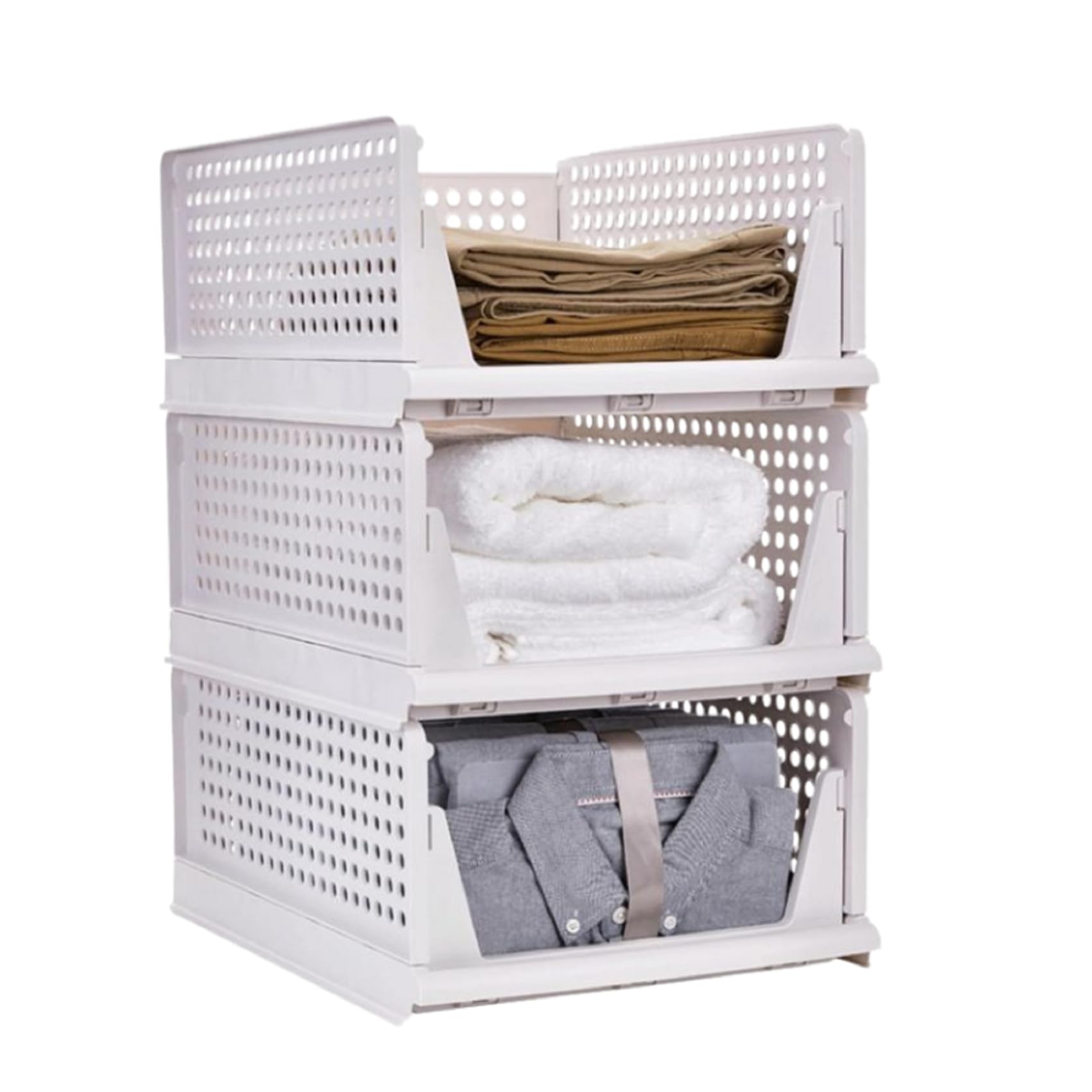 KYY'Z Wardrobe Storage Organiser, 3,4,6,8 Pack White Folding Storage Boxes,Partition Shelf, Stackable Storage Drawers Baskets, Plastic Cupboard Organiser, Bedroom Bathroom Laundry Room (Pack of 3)