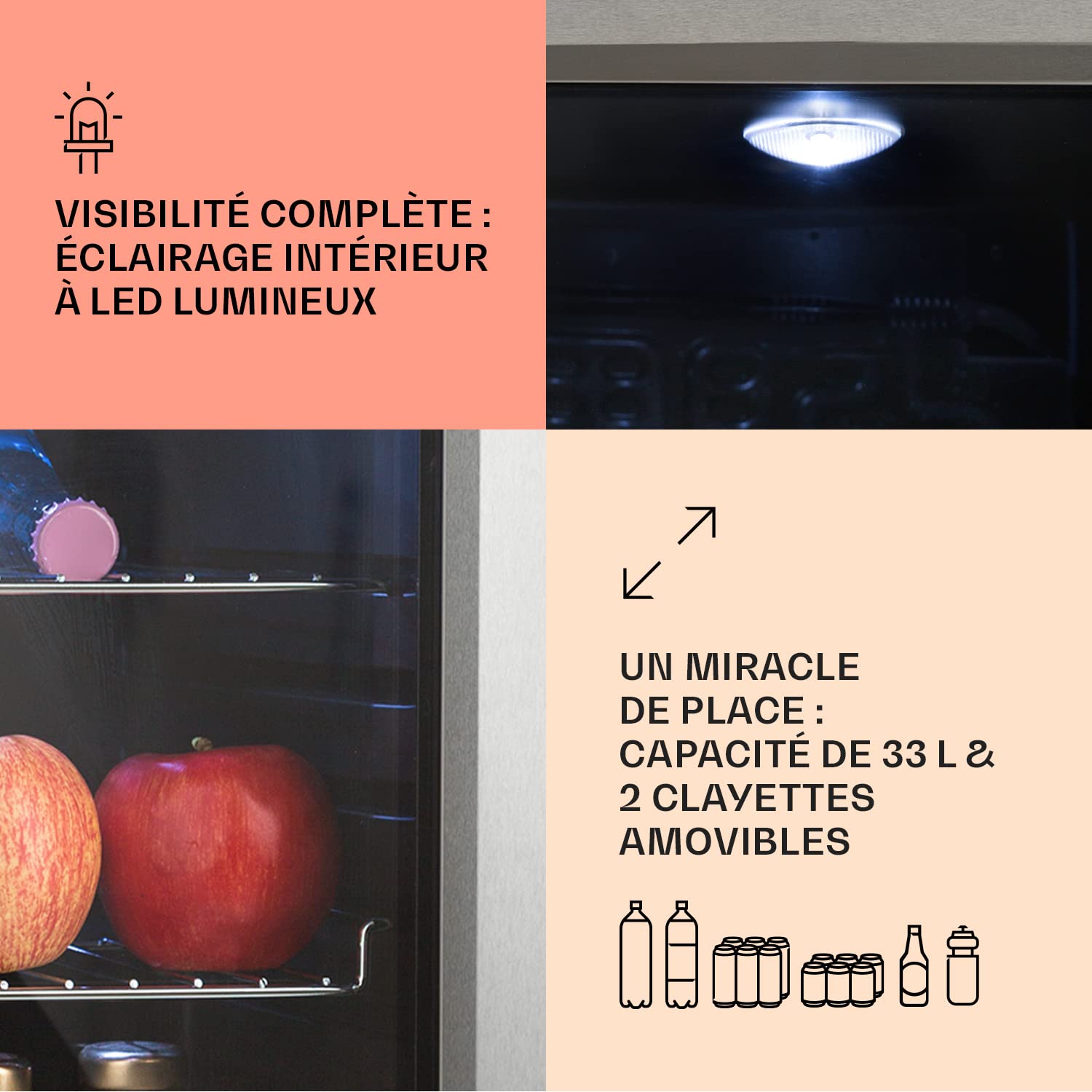 Klarstein Beersafe M Mini Frigo de Chambre pour Boissons, 33L, 0-10°C, Etagères Amovibles