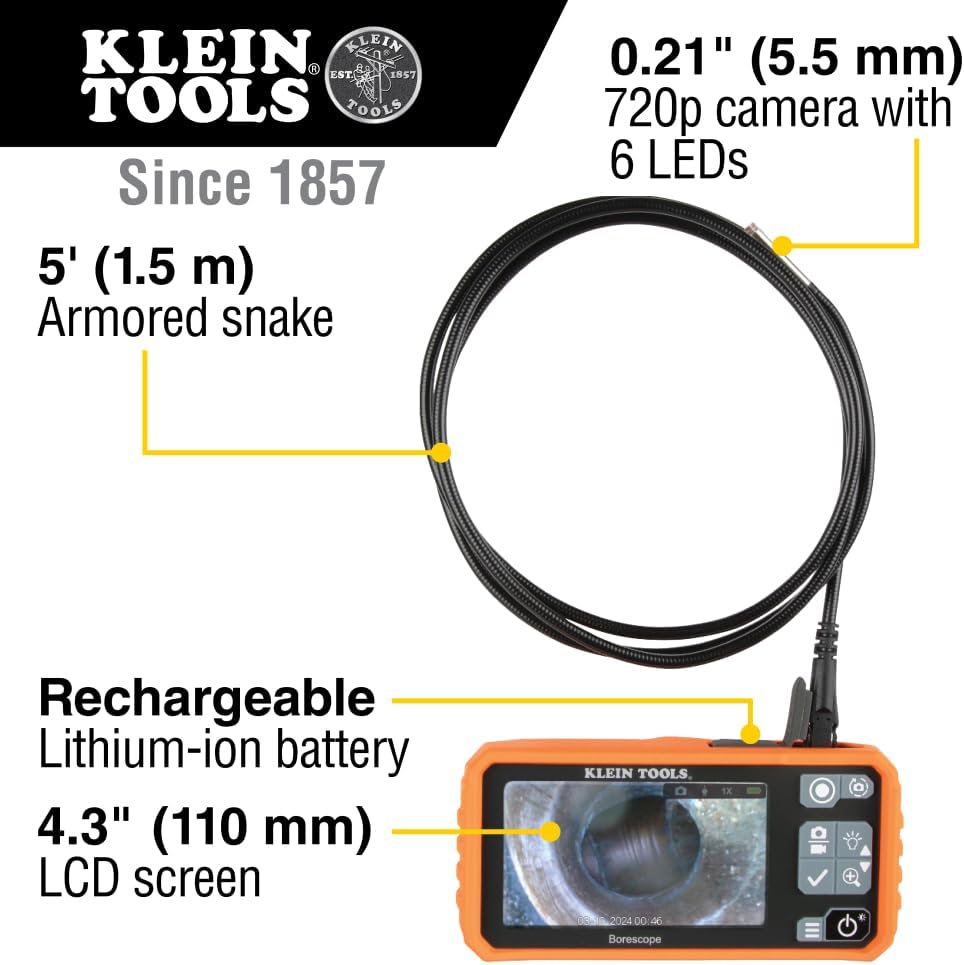 Klein Tools ET18 Plumbing Borescope with 5.5 mm 4.9-Foot Armored Waterproof Gooseneck Snake, LEDs, 4.3-Inch LCD, Endoscope Inspection Camera