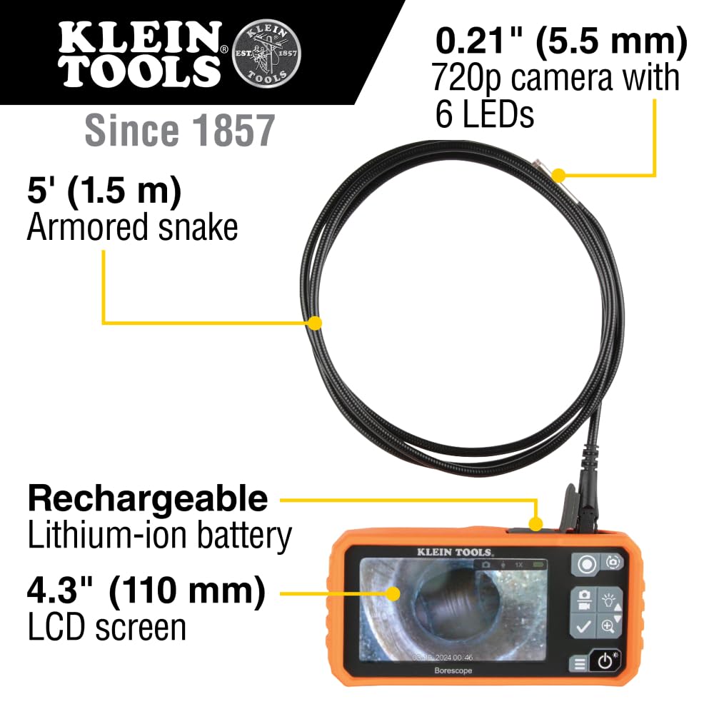 Klein Tools 69464 Replacement Inspection Camera for Klein Plumber's Borescope Cat. No. ET18, 6 LEDs, IP67 Waterproof, 5.5 mm, 5-Foot Cable