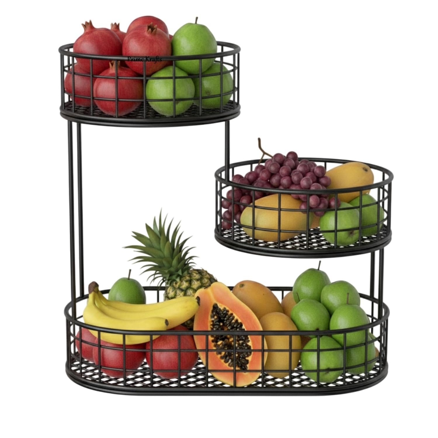 PRIME KRAFTS 3-Tier Fruit Basket for Kitchen Counter | Metal Wire Produce Storage Stand | Large Capacity Vegetables & Snacks Organizer, Space-Saving Utility Rack - Black