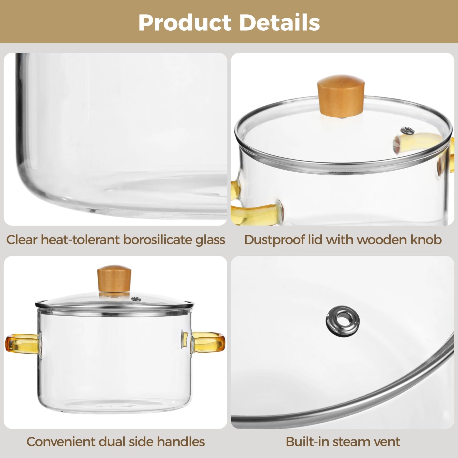 Borosilikatglas Kochtopf mit Deckel, 1,6 l praktischer transparenter Topf mit Griff, 54,1 fl oz Köcheltopf für Nudeln, Milch, Suppe, Tee, für Küche und Tisch, 5,9 x 8,7 x 5,5 in