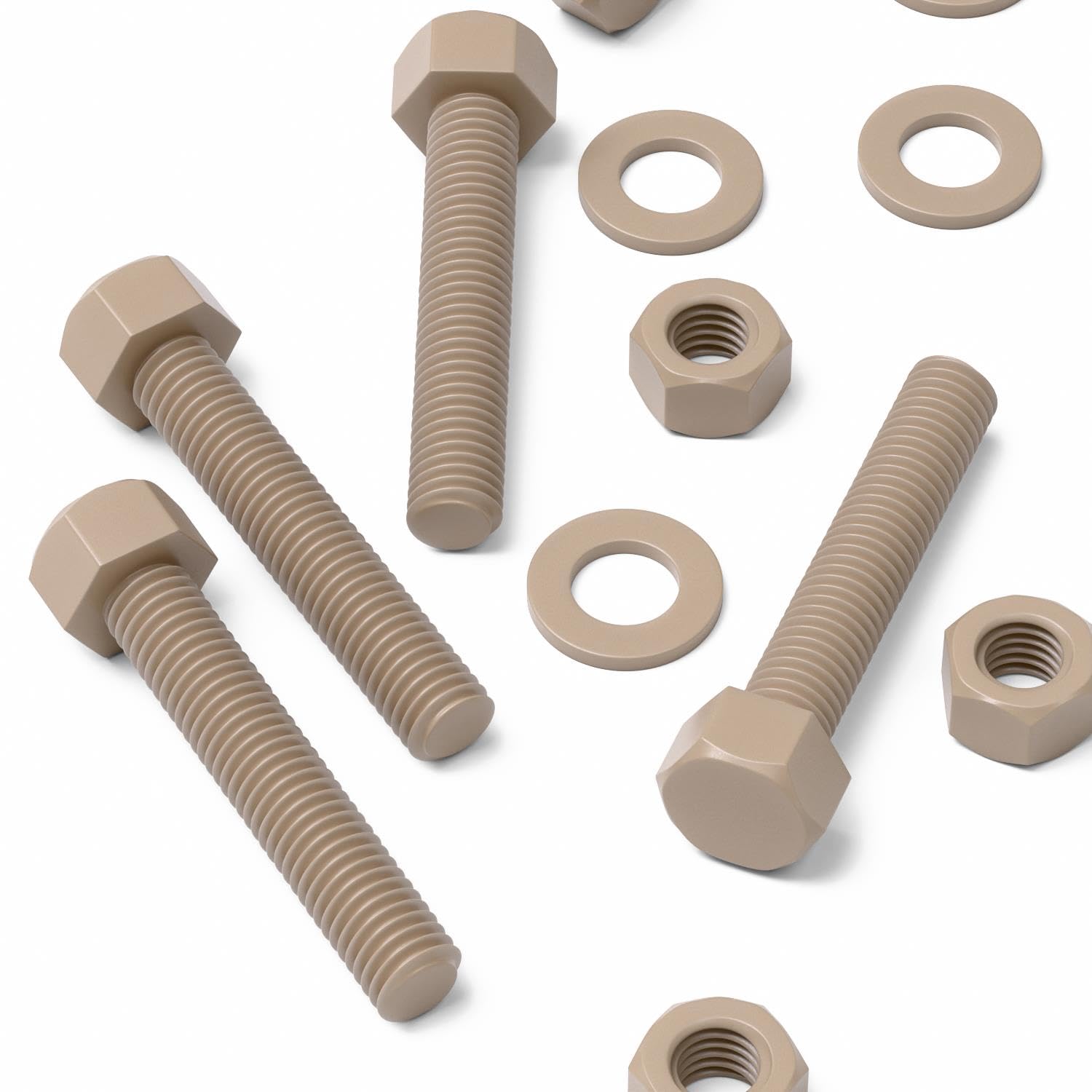 5x Tornillos de cabeza hexagonal naturales de PEEK M12 x 65 mm + tuercas | La cabeza hexagonal se gira con una llave o un vaso y queda sobre la superficie.