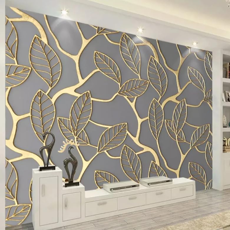 Papier peint 3D salon feuilles dorées pour masquer un mur vide - 2