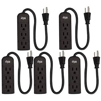 KMC 3-Outlet Power Strip Power Extension Cord 5-Pack,Outlet Saver,1-Foot Cord, ETL Listed