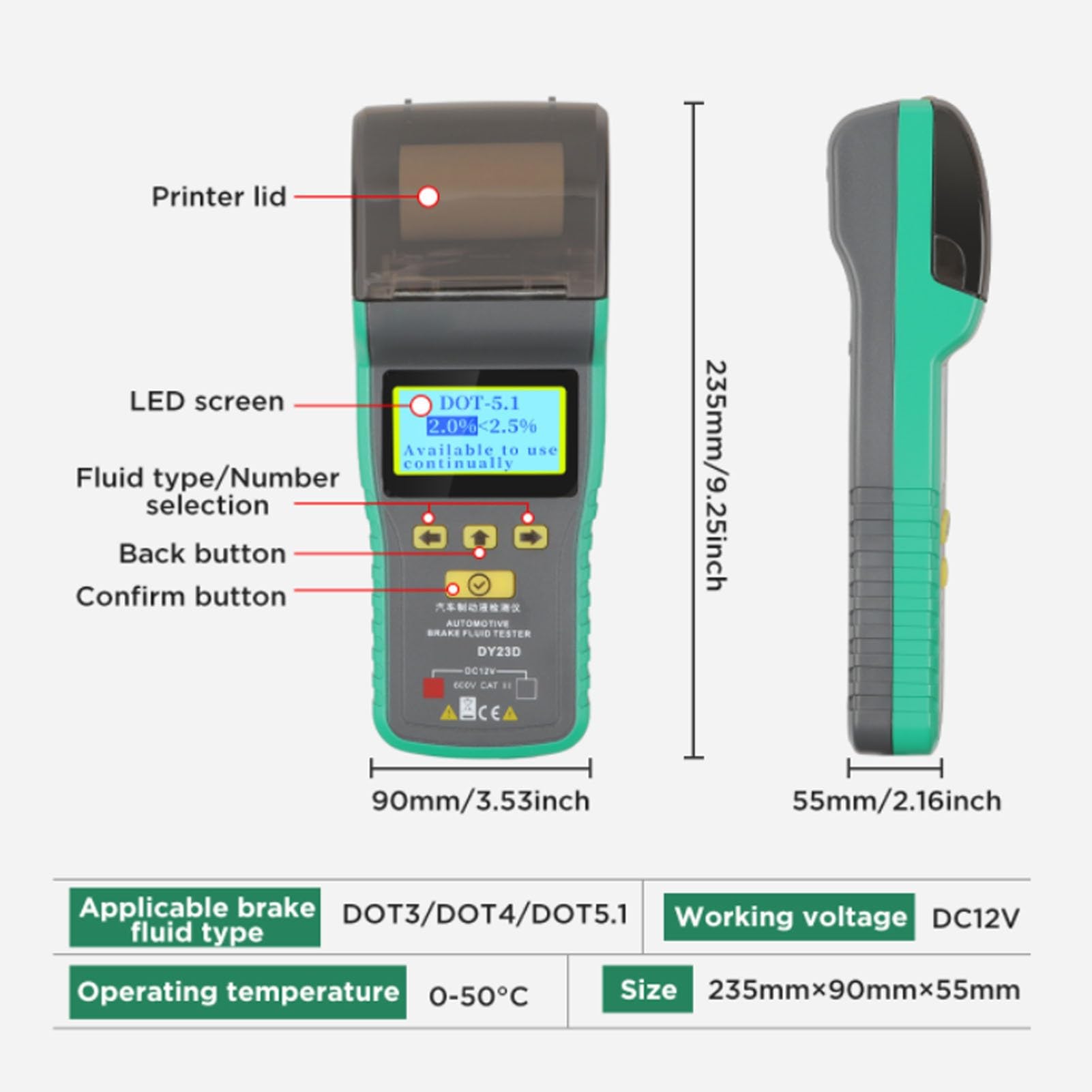 DY23D Bremsflüssigkeitstester mit Drucker, Digitalanzeige 12V Prüfer für DOT3/DOT4/DOT5.1, Auto Diagnosegerät mit akustischem Alarm, Testbericht Druckfunktion, Grün