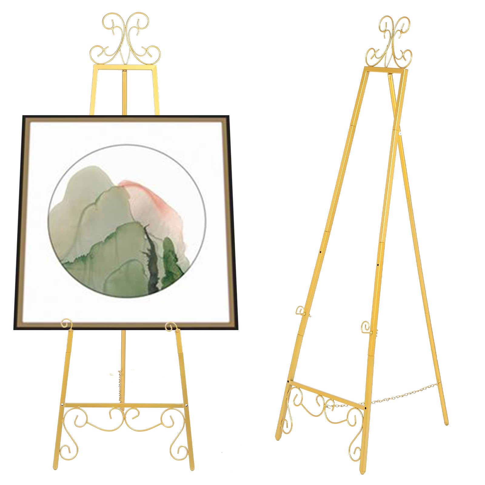 FAHKNS 55" H Gold Easel Stand for Sign, Large Adjustable Easels for Display, Vintage Square Tube Easel Stand for Sign, Wedding Welcome Sign Stand