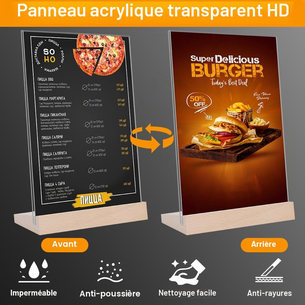 Lot de 3 Présentoirs de Table, Porte-Affiches en Acrylique A5 Support pour Menu,Porte Menu avec Base en Bois, Acrylique Transparent Plexi A5 pour Restaurant Hôtel école Bureau Conférence-L