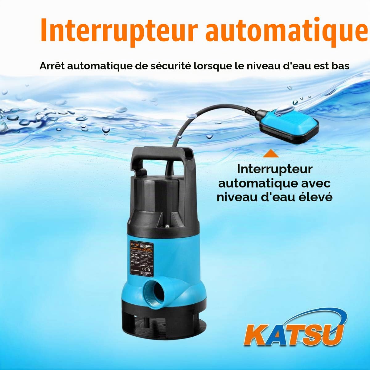 Katsu Pompe submersible portable 400 W pour eau propre et sale pour bassin de jardin, piscines et fossés + interrupteur à flotteur