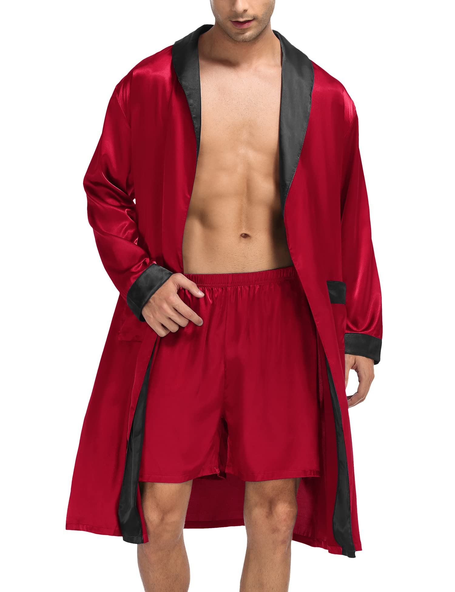 SWOMOGMen's Satin Robe with Shorts Set Silky Kimono Bathrobe Lightweight Soft Sleepwear