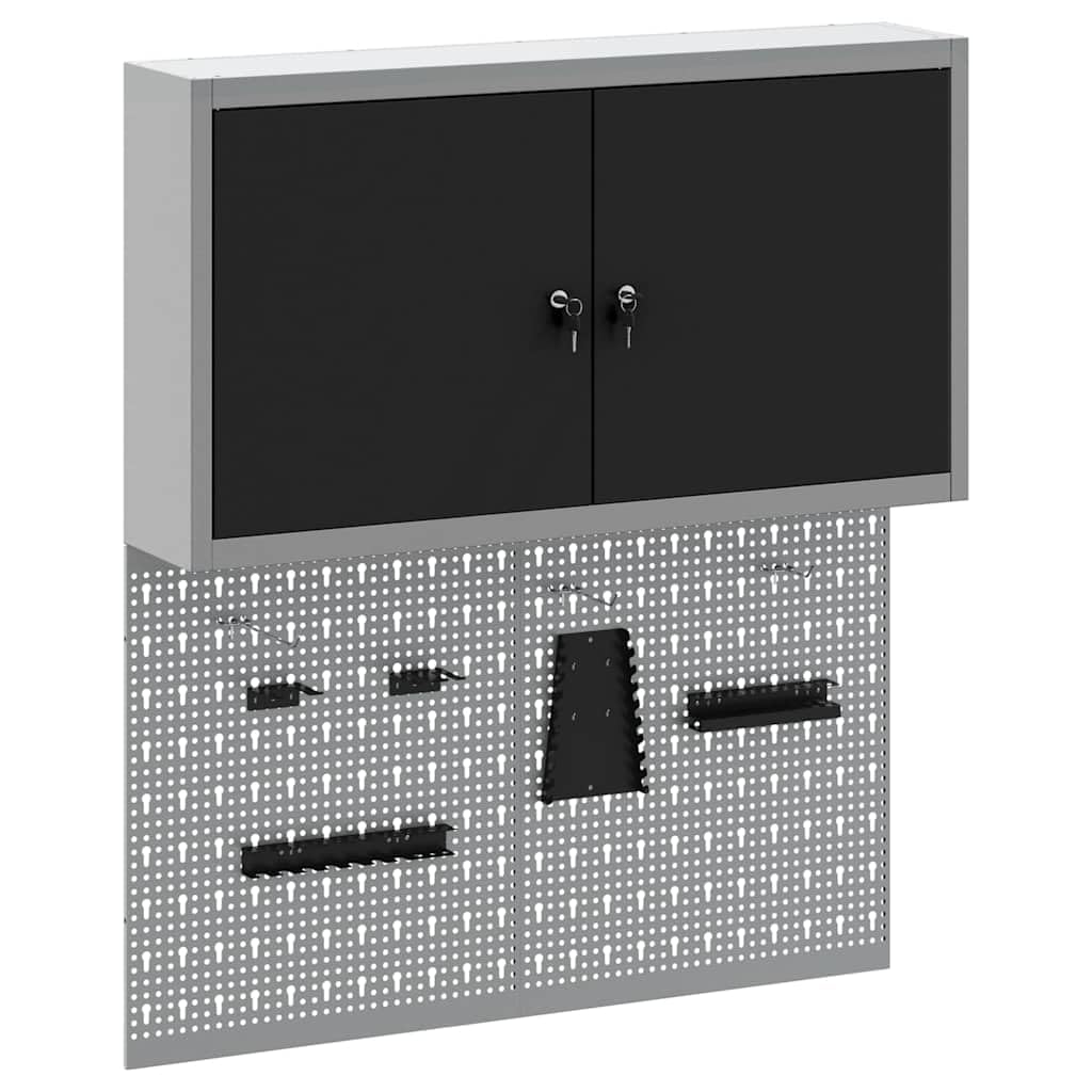 Armoire à outils murale avec plaques perforées, lot de 3 pièces, en acier revêtu par pulvérisation, gris, pour atelier et garage