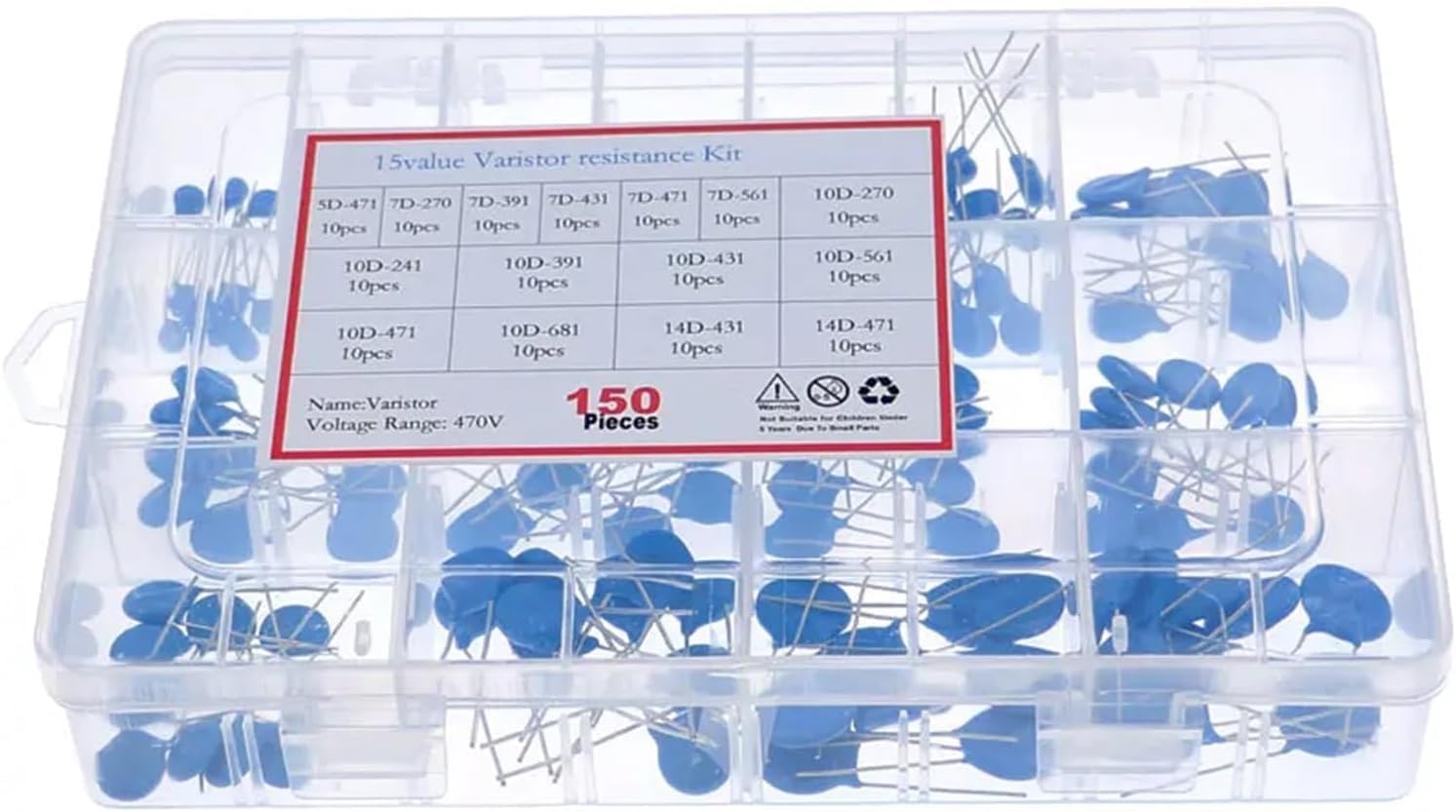 LeHang 150pcs 15value Varistor Resistor Kit Assortito 5D471K 7D471K 7D431K 10D471K 10D431K 10D241K 10D391K 14D431K 14D471K