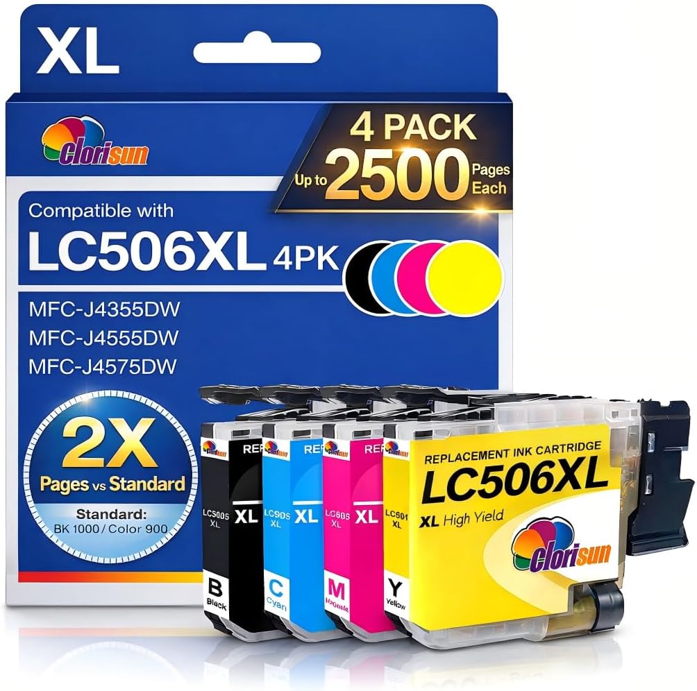 LC506XL LC506 Ink Cartridges for Brother Printer High Yield MFC-J4355DW Compatible with Brother MFC-J4355DW MFC-J4555DW MFC-J4557DW Printers (4-Pack, LC506XL Ink) Black Cyan Magenta Yellow