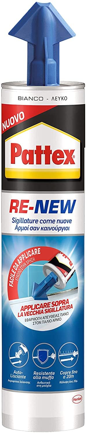 Pattex RE-NEW cartuccia silicone, silicone bianco per piastrelle e sanitari, rinnova sigillature facile da usare, impermeabile e con tripla azione antimuffa, 280ml cartuccia
