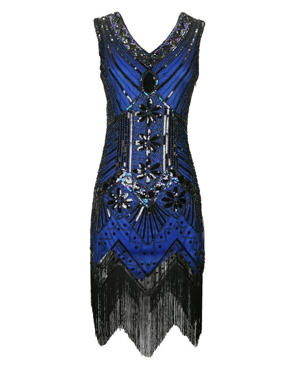 Grouptapflapper gatsby sequins fringe vneck long dress Women's girls style fancy beads costume