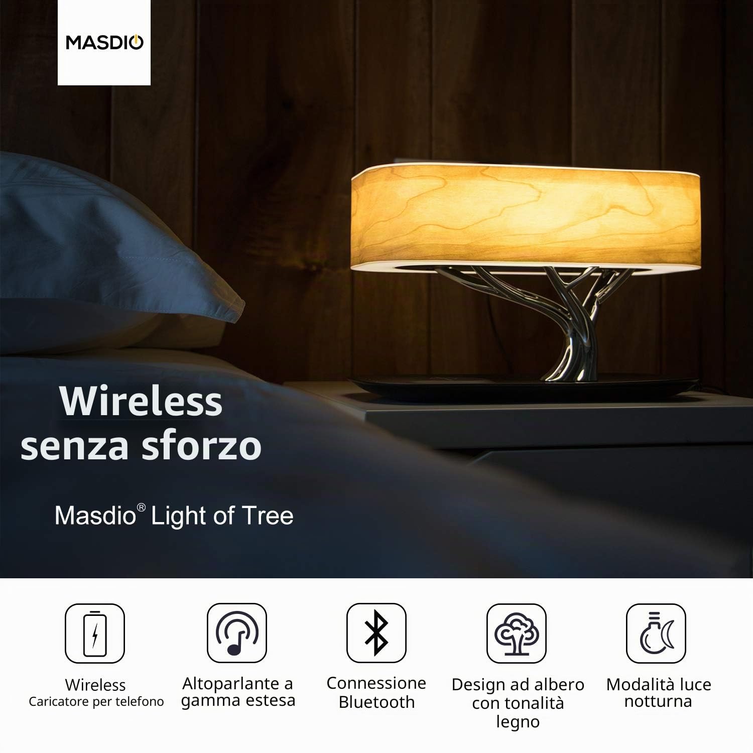 Masdio Lampada da Notte con Altoparlante Bluetooth e Caricatore Senza Fili, Modalità da Sonno a Regolazione Continua