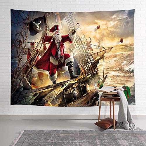 NYMB Funny Christmas Tapestry, Cool Xmas Santa Claus on Nautical Pirate Ship on
