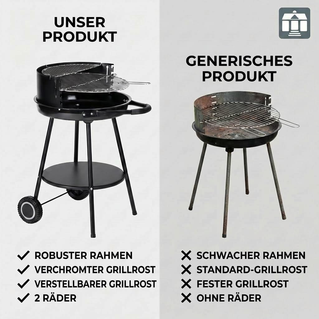 Tarrington House Holzkohlegrill Deluxe, Stahl, Tragbarer, rund, hohenverstellbarer Grillrost Ø 48 cm, mit Rädern, schwarz