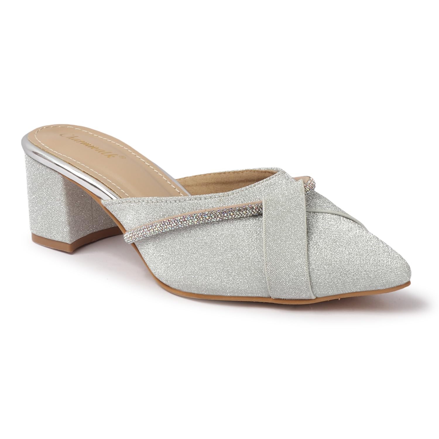 Women's Golden Slip-On Block Heel Mules | Glitter Party Heels with Embellished Strap & Pointed Toe-image-26