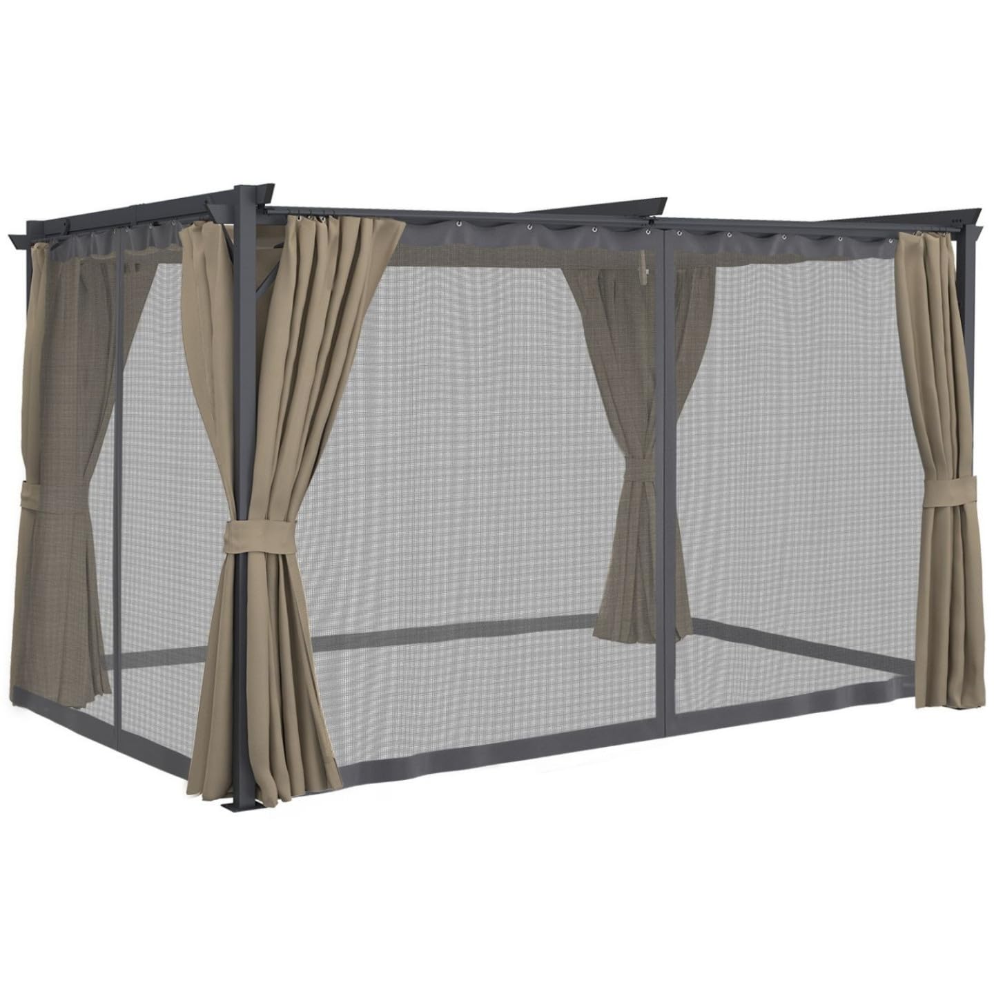 IDMarket - Pergola édition intégrale moustiquaire Toit rétractable 3x4 M et 4 Rideaux Taupe