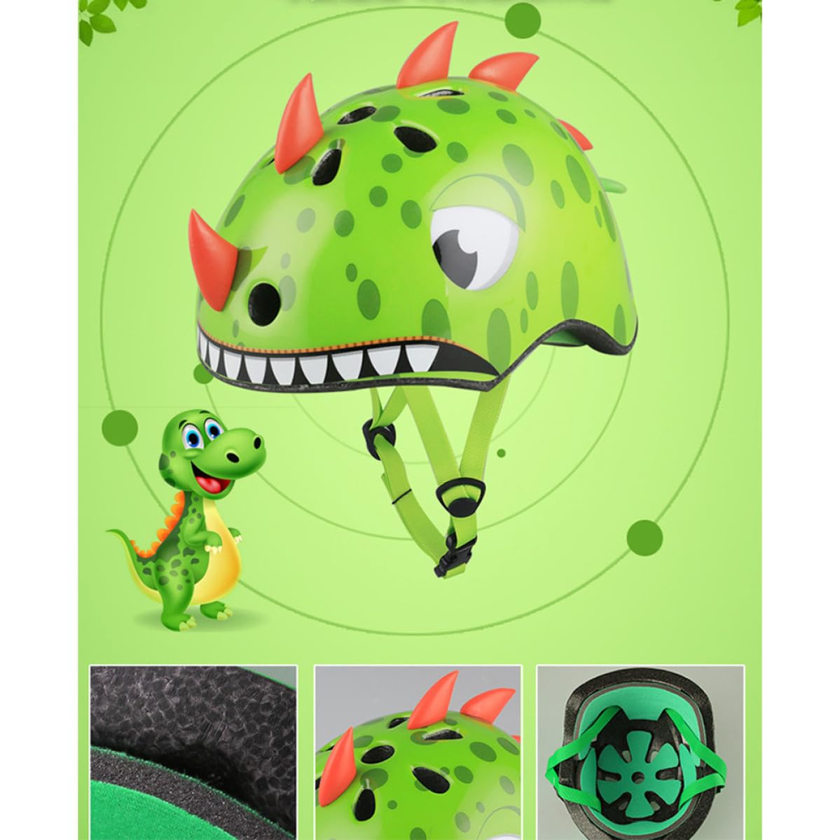 Kinderfahrradhelm 54-58cm aus Kunststoff Grün 3D Cartoon Dinosaurier