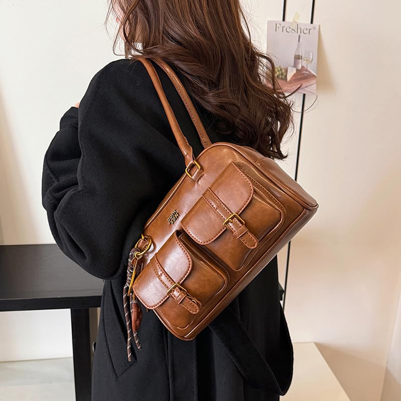 Y2K Shoulder Purses for Women Multi Pockets Designer Handbag Satchel PU Leather Retro Boston Handbag with Pendant3