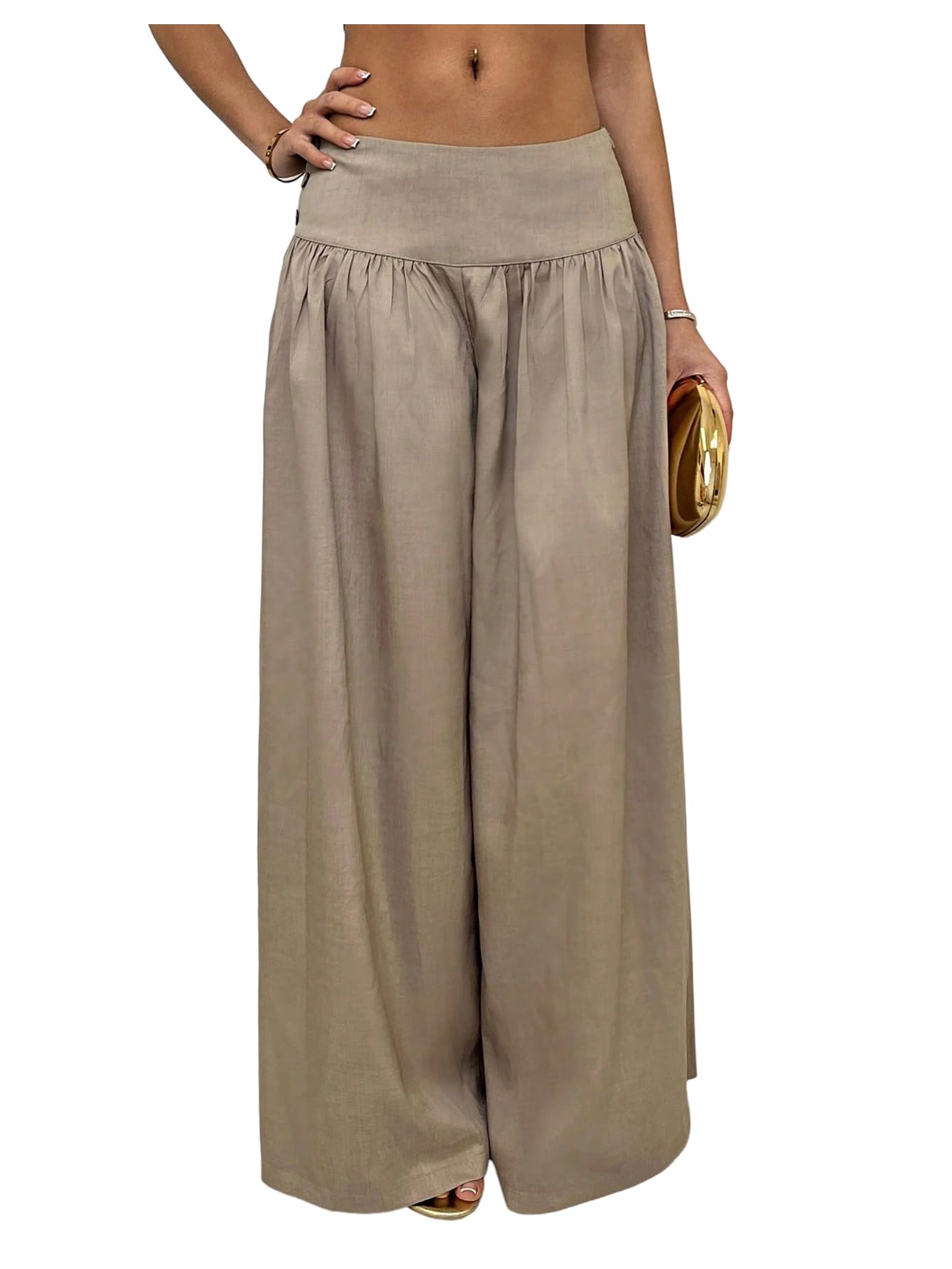 MakeMeChic Womens Elastic Waist Wide Leg Pants Low Rise Button Side Y2K Vintage Trousers