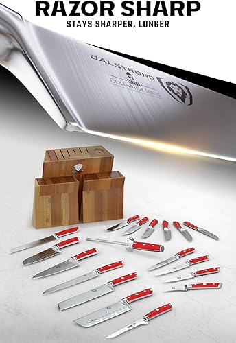 Miniatura 4 de DALSTRONG Juego de cuchillos - Juego de cuchillos colosales de 18 piezas - Serie Gladiator - Acero HC alemán - Asas de ABS rojas - Soporte de madera