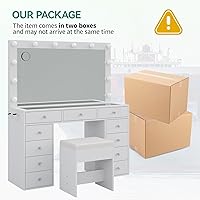 Vista 9 de Tocador con Toma de Corriente, Tocador de Maquillaje con Espejo y 12 Luces LED, 3 Modos de Iluminación, Mesa Tocador de 11 Cajones con Silla