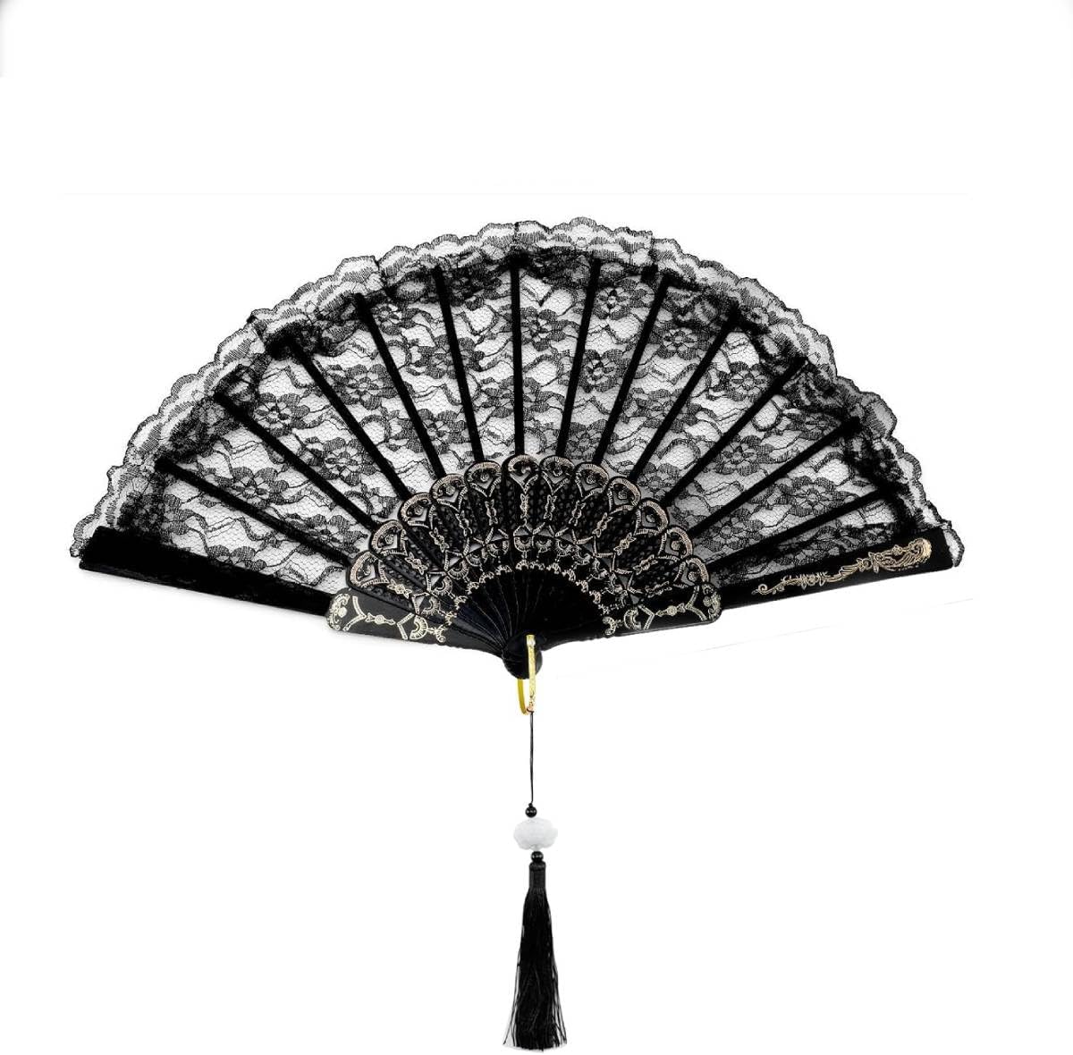 Supvox® Lace Folding Fan Handheld Bamboo Hand Fans with White Lotus Jade Tassel for Women Wedding Party Favor Costume Dancing Party