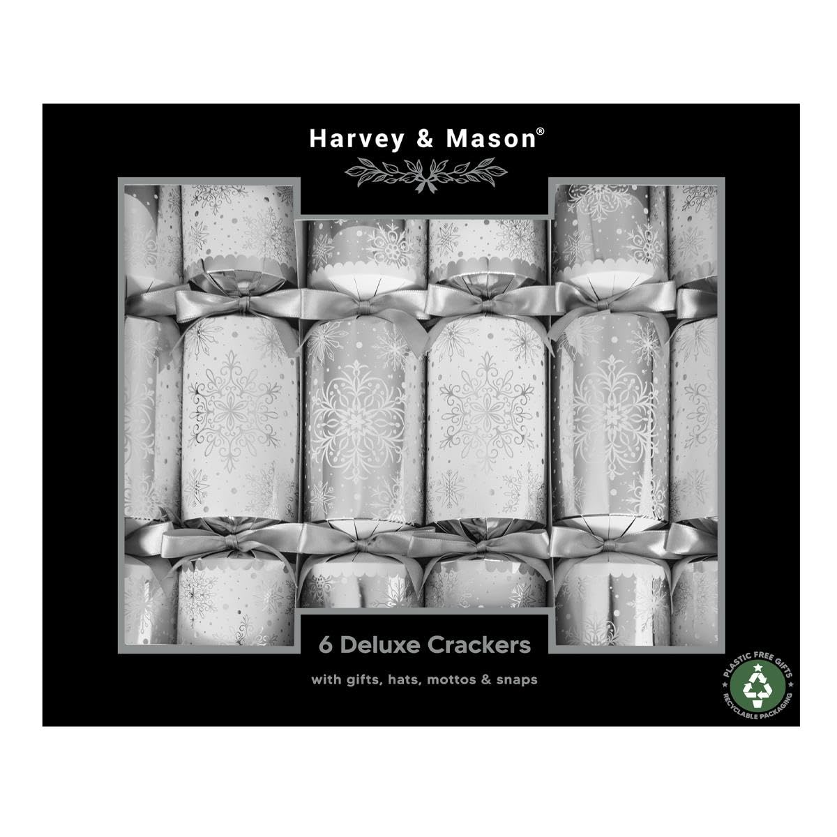 Harvey & Mason Pack of 6 Deluxe Silver Snowflake White Christmas Crackers - 13.5" Metallic Festive Xmas Holiday Dinner Table Decorations - Novelty Fun Prizes Gifts Contains Hats Jokes