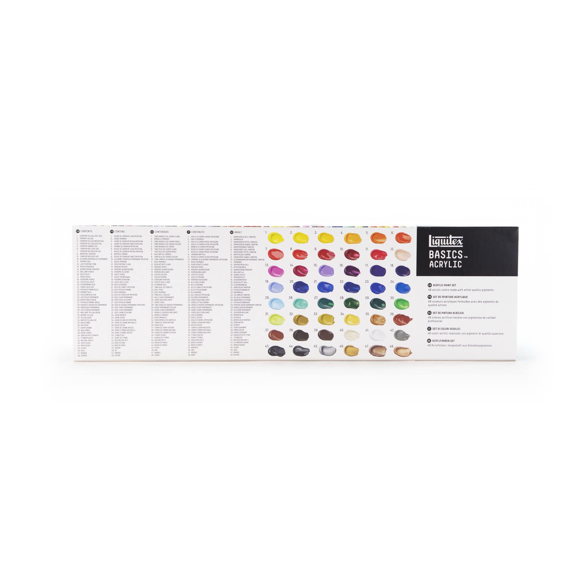 Liquitex 3699395 Basics zestaw farb akrylowych – tubki 48 x 22 ml, odporne na działanie światła farby akrylowe, średnia lepkość, żywe kolory, idealne na płótno, do mieszanych mediów i malowania