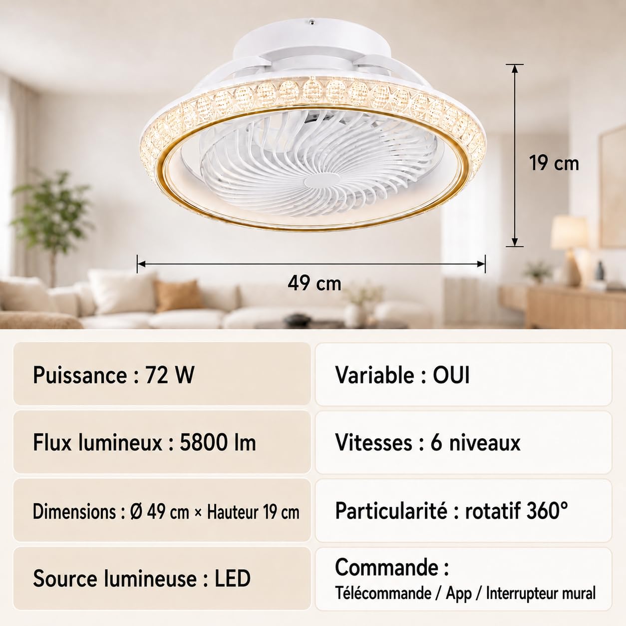 Ventilateur de Plafond avec Lumière LED 72W, Plafonnier Ventilateur Silencieux Rotation 360°, Éclairage Dimmable avec Minuterie, Télécommande et App, pour Chambre et Salon (Or)