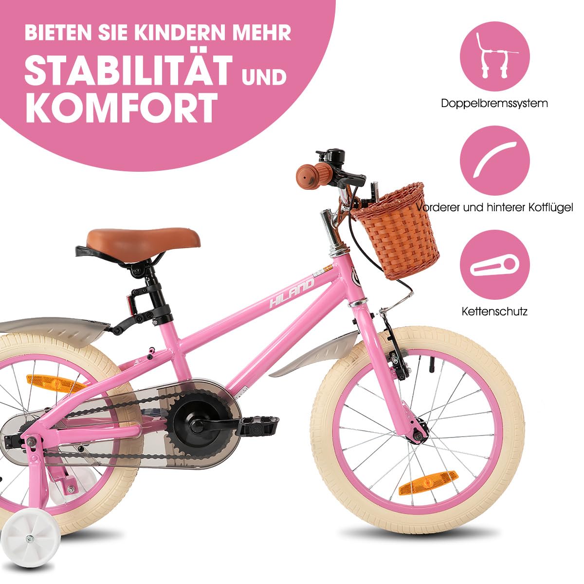 HILAND Spark 14/16/18 Zoll Kinderfahrrad für Mädchen, mit Stützrädern oder Ständer, Vorderhandbremse & Rücktrittbremse Fahrrad fur Kinder, Mädchenfahrrad mit Korb und Schutzblechen, Grün/Rosa