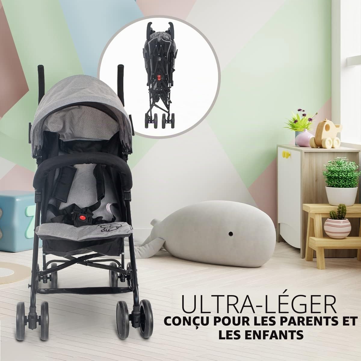 Mobiclinic® kids, Poussette, Elefant, Marque européenne, Pliable, Dossier inclinable, Double système de sécurité, Roues amovibles, Harnais 5 points, Légère, Gris et noir