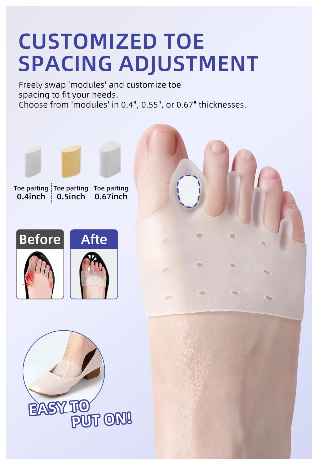 Hewaomm Adjustable Hyggear Silicone Toe Separators, 2 Pairs Spacers Bunion Corrector for Women Men, Ball of Foot Cushions for Overlapping Hammer Big Toes