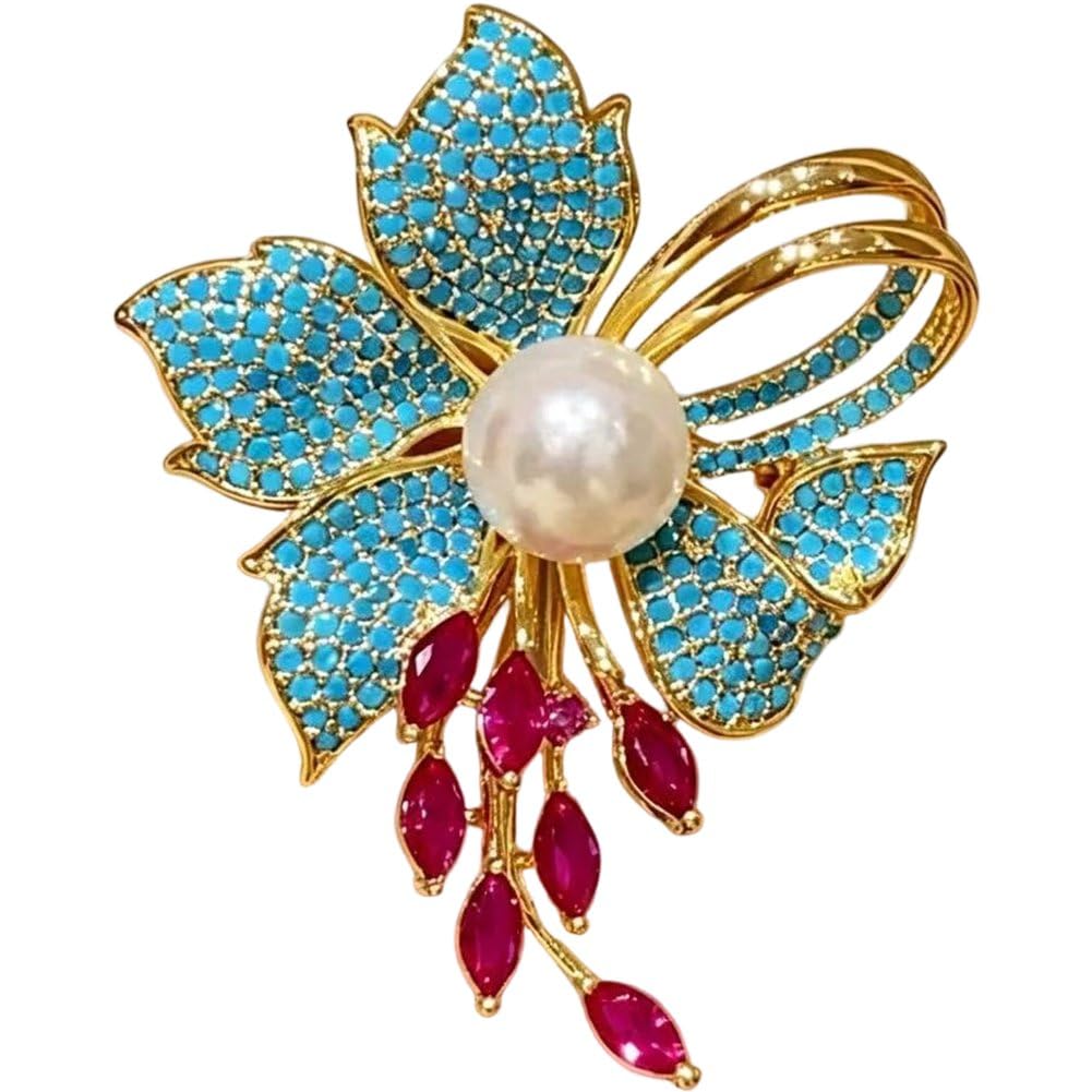 Casiler Turquoise Pearl Floral Brooch, Rhinestone Plant Lapel Pin for Shawl Scarf Womens Daily Clothing Styling