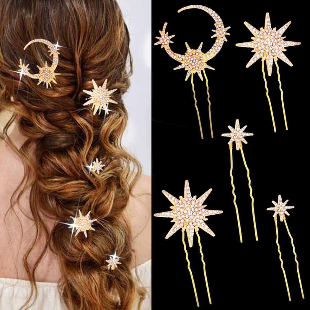 Gold Moon and Stars Rhinestone Hair Pins 3 Clips Set Sparkle Barrettes Hairpins Gold Moon and Star Hair Pins, Art Deco Crystal Bridal Hair  main image 4