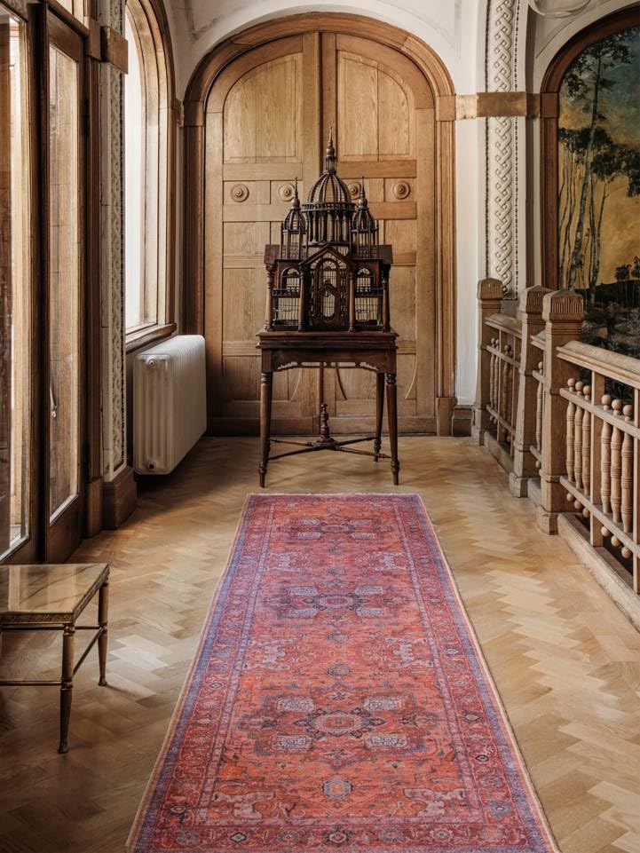 Tapis orientaux lavables en machine Georgia tapis couloir rouge bleu poil ras