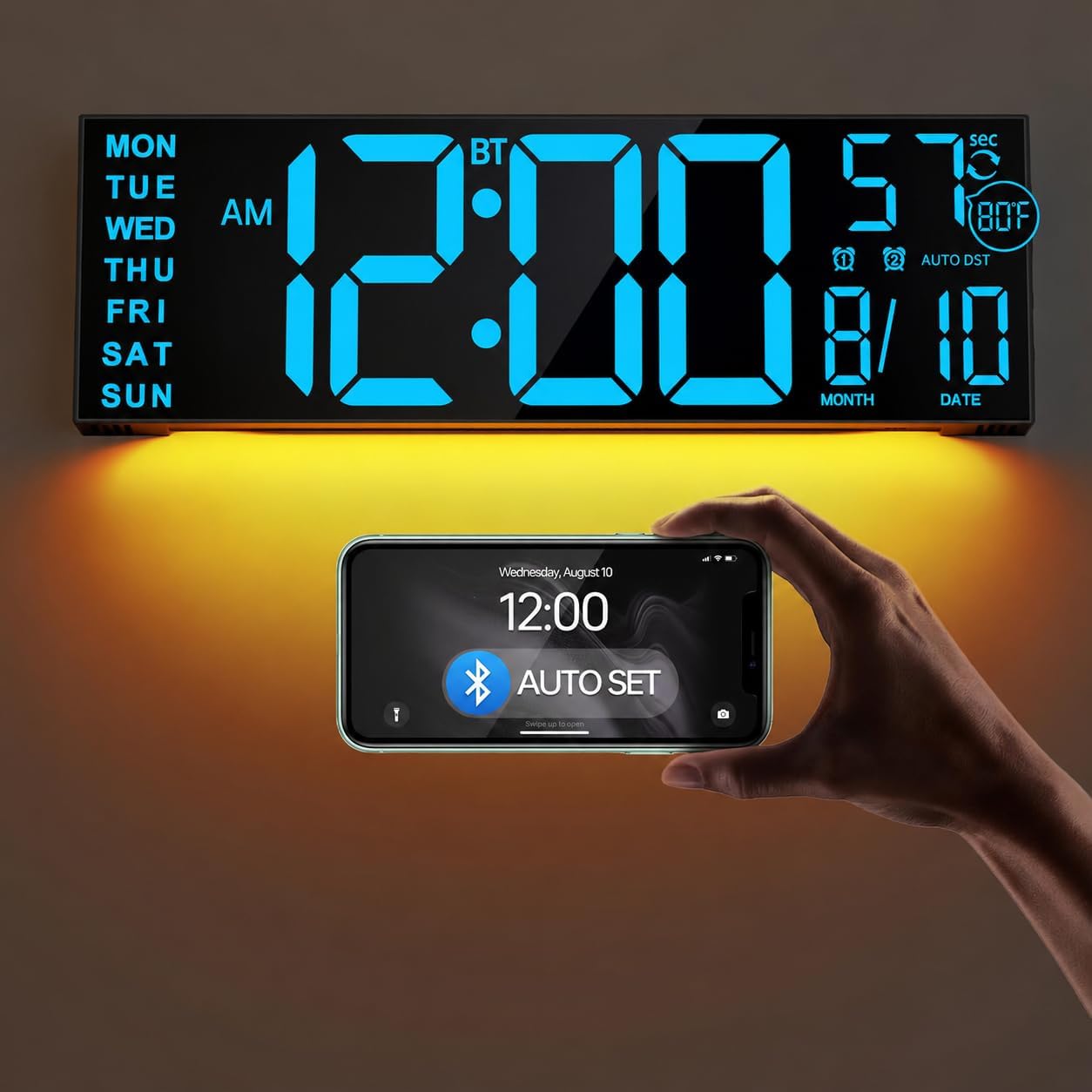 JALL 16.2" Large Digital Wall Clock with Bluetooth Sync for Seniors, RGB Digital Clock Large Display with Auto DST, Wall Clock for Classroom Bedroom Gym Office (Blue)