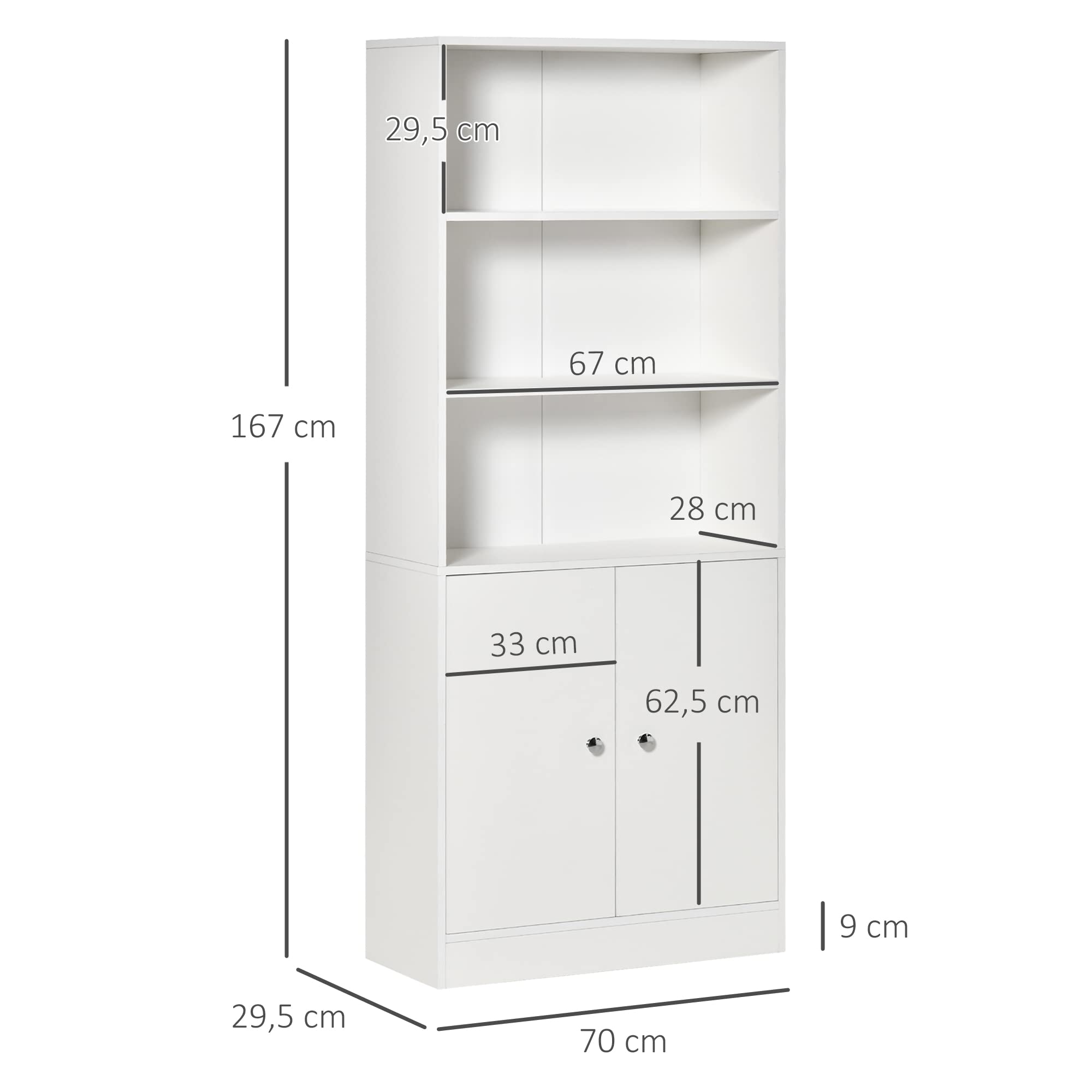 HOMCOM Estantería Librería con 3 Compartimentos Abiertos y 1 Armario con Estante Ajustable Almacenaje para Salón Estudio 70x29,5x167 cm Blanco