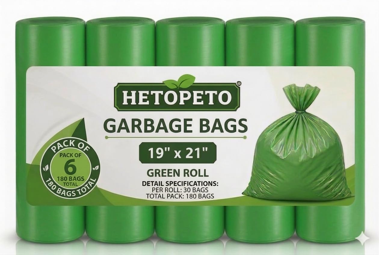 HETOPETO Biodegradable Garbage Bags for Dustbin - Large 19 x 21 Inches | 30 bags per Roll Trash Bag Eco Friendly Garbage Disposal Bags Dustbin Bag|Green(180 Bags)-image-0