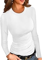 Vista 1 de HWOKEFEIYU Camisas básicas de manga larga para mujer, elásticas, delgadas, cuello redondo, acanaladas