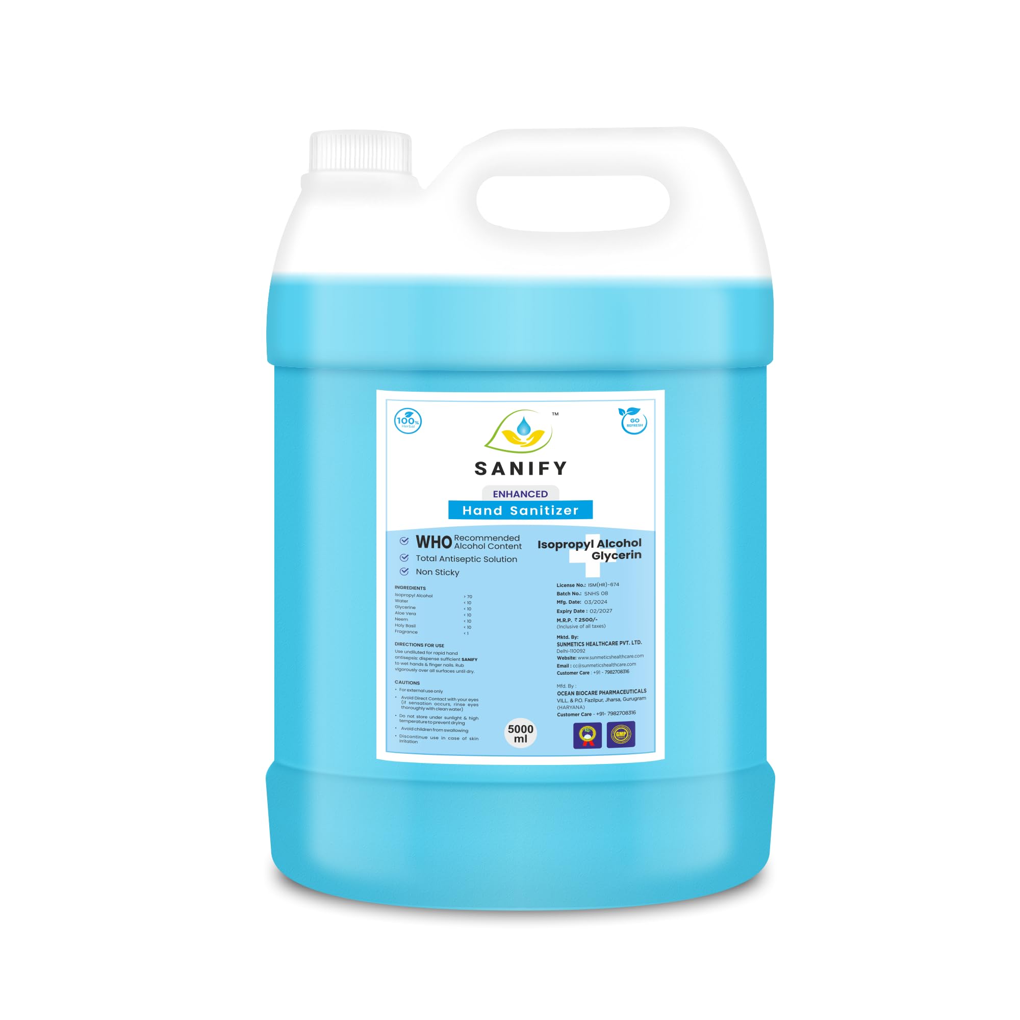 SANIFY HERBAL LIQUID HAND SANITIZER 5 LITRE | REFILL PACK | Alcohol Based Liquid Hand Sanitizer Spray - 80% Ethyl Alcohol, Kills 99.9% Bacteria & Germs, Prevents Skin Dryness, Signature Fragrance, No Parabens, No Sulphate & No Color (B08GV2NMKC) Amazon Price History, Amazon Price Tracker
