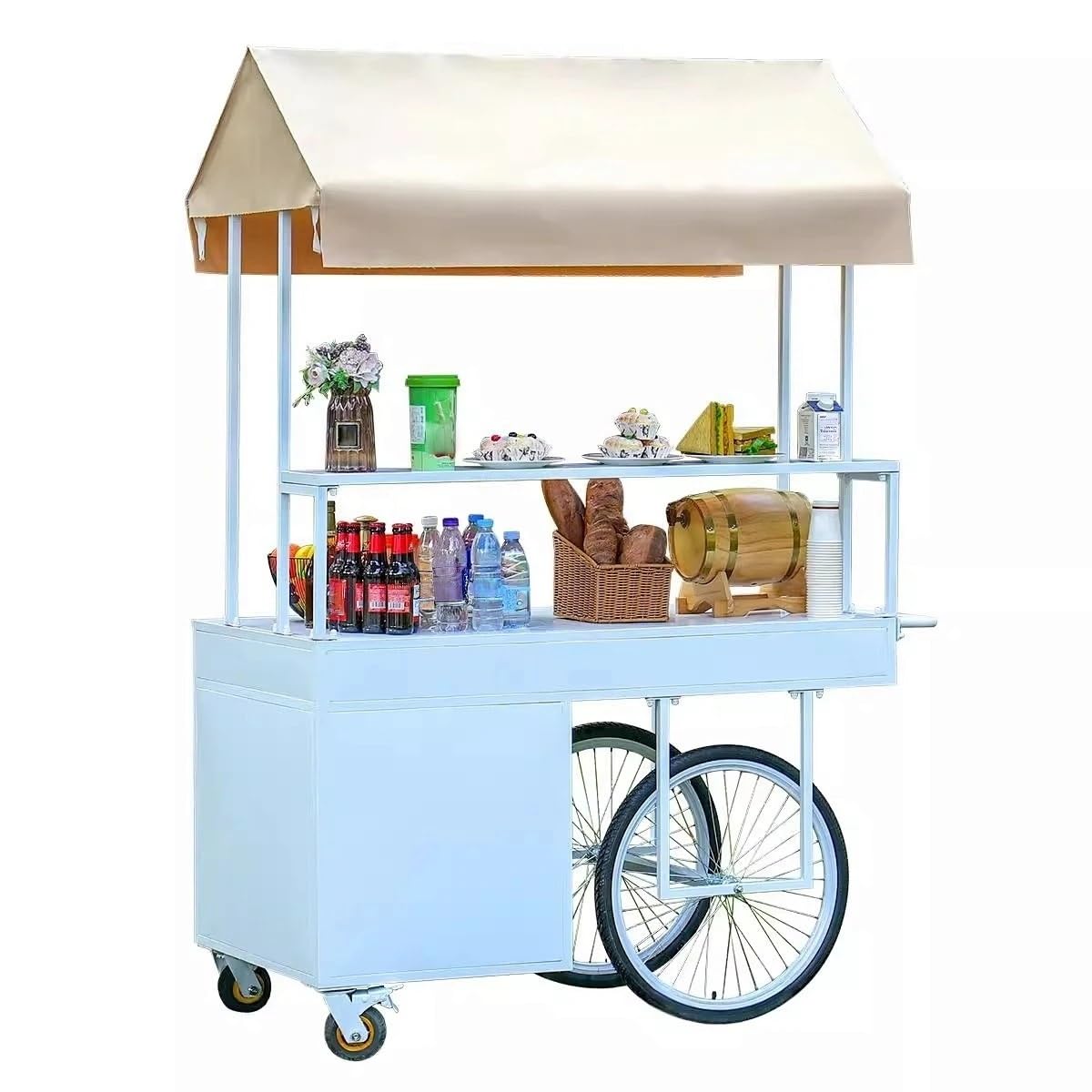 Carrello mobile con tettoia e contenitore, ideale per mercatini ed eventi di street food