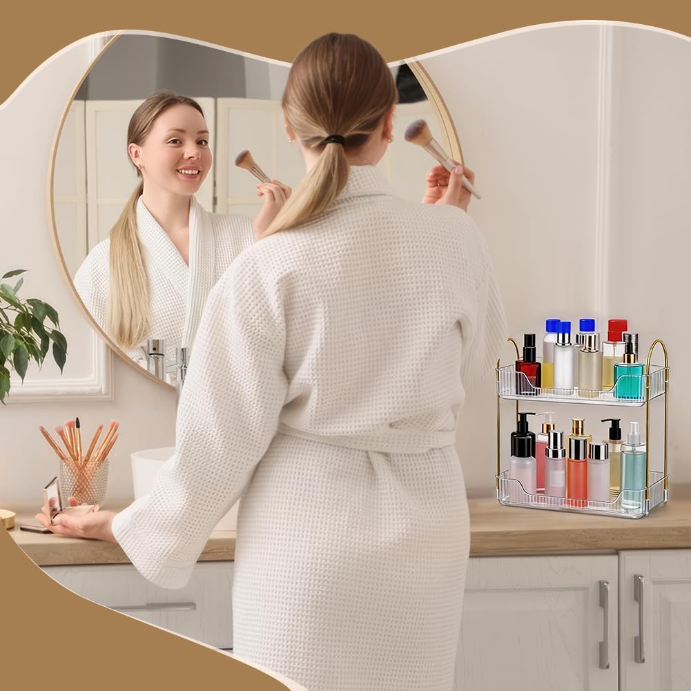 2 juegos de organizadores de maquillaje estrechos de 2 niveles, plástico transparente, doble capa, organizador de baño, soporte para perfume, almacenamiento de cuidado de la piel, estante de