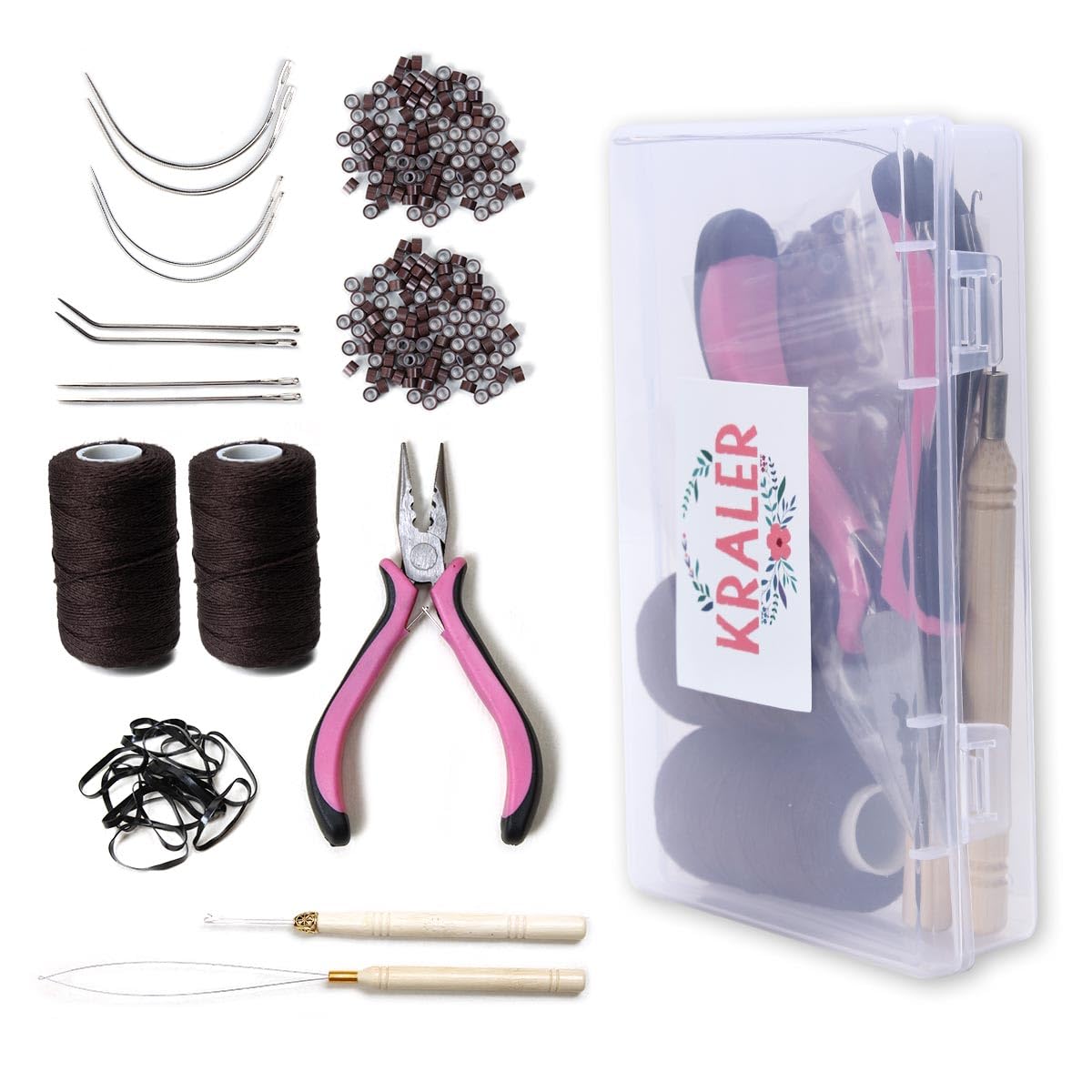Photo 1 of Kraler Hair Extension Tools Kit 200 Silicone Beads 1 Three Hole Pliers 2 Sewing Thread 1 Loop Tool 1 Crochet Hook 4 Types Sewing Needles 1 Bag Black Mini Rubber Hair Elastic with Storage Case (Brown)