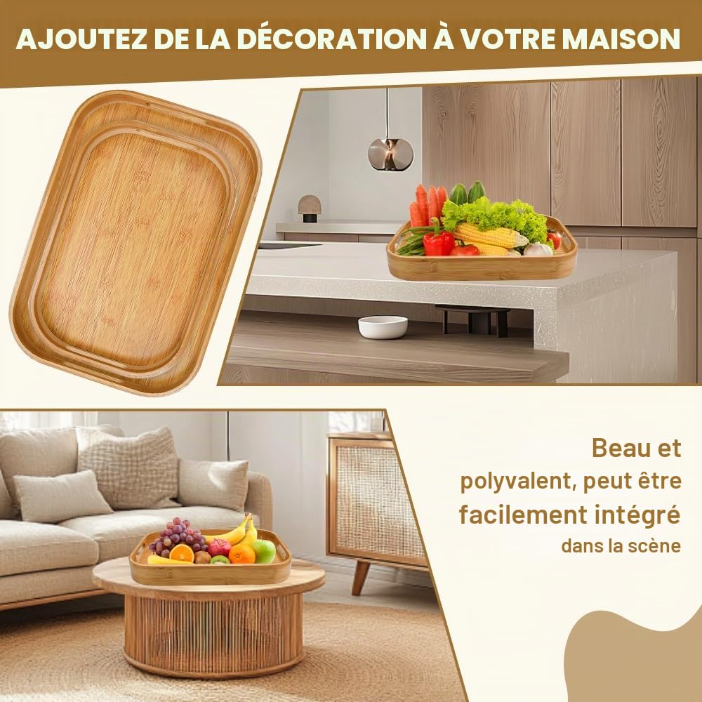 2 Pcs Plateau Bois Rectangulaire, Plateaux Petit-Déjeuner avec Poignées, Plateau Service avec Rebord Surélevé, Plateaux Traiteur Bambou 2 Tailles, pour Cuisine Restaurant Boisson Snack